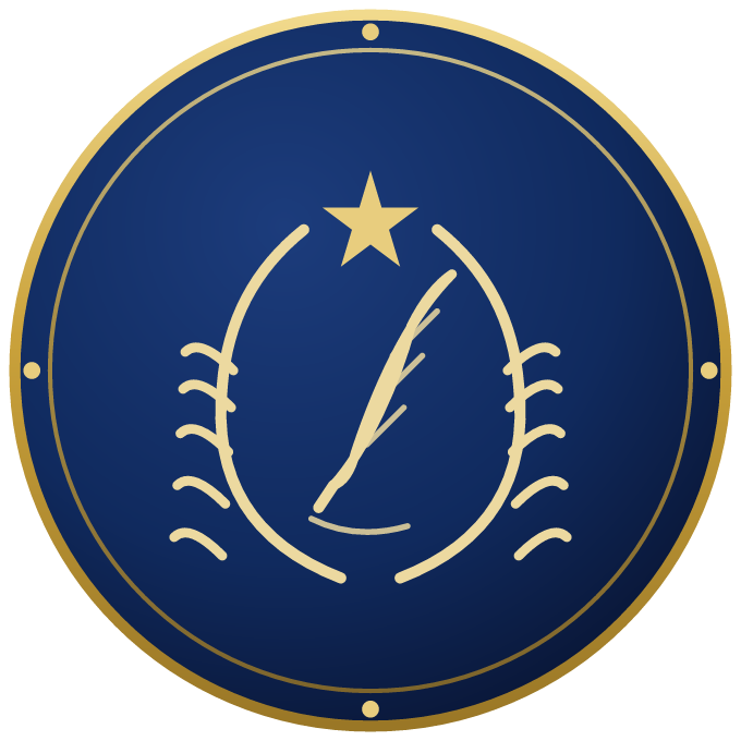 Medallion of a quill in a laurel wreath